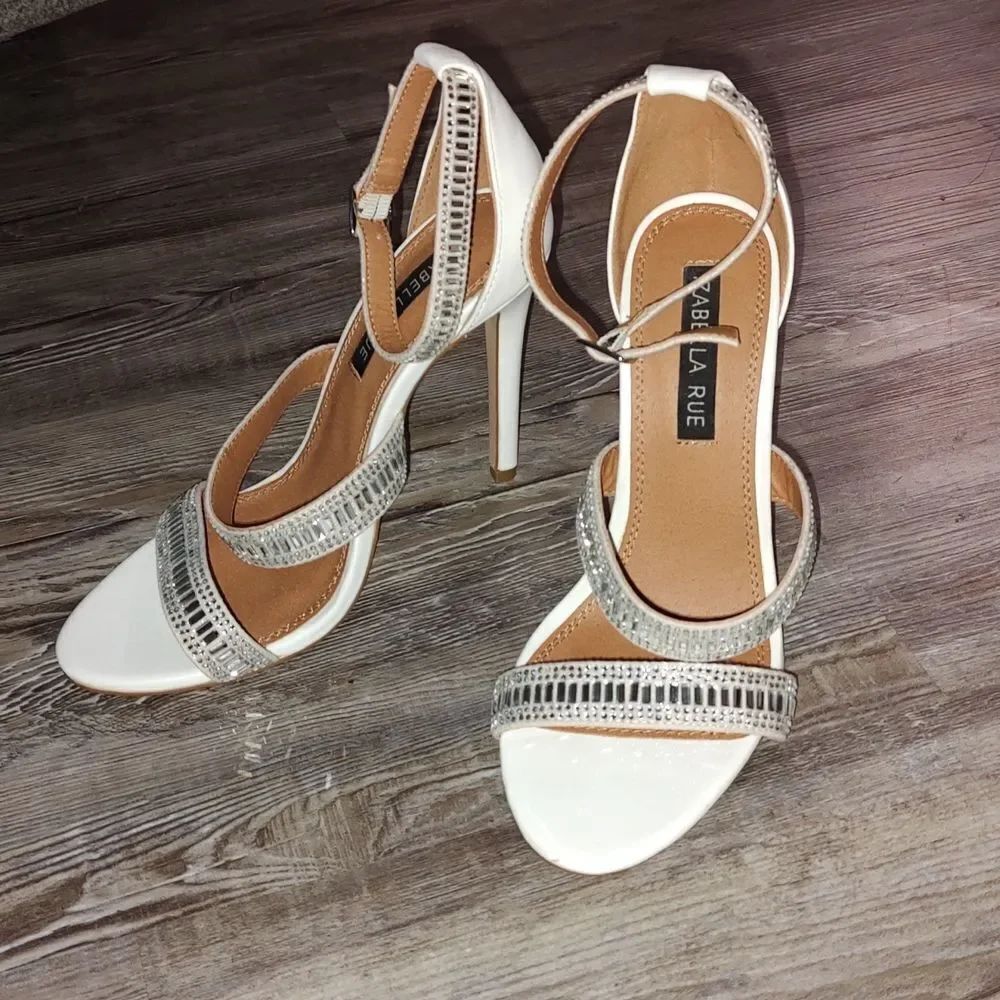 Izabella Rue Gwenyth Heels White heels with rhinestone detailing on band